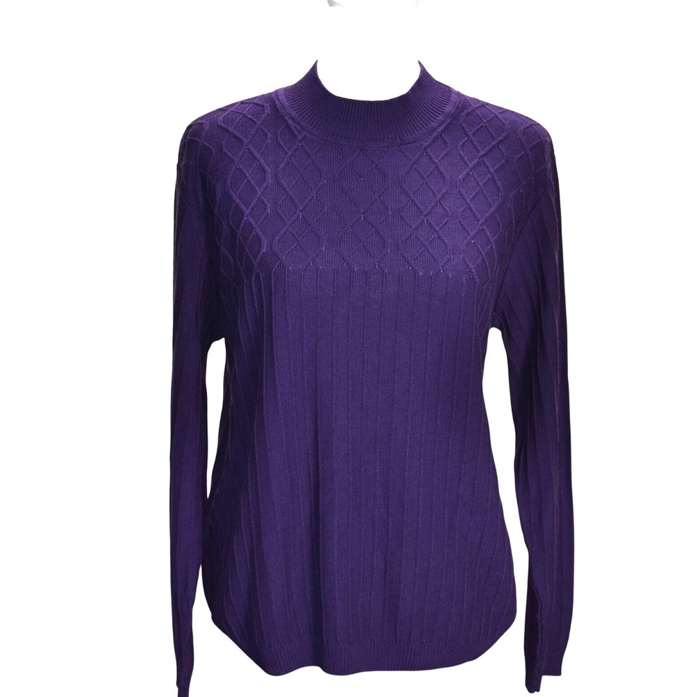 Alfred Dunner Sweater Womens Large Purple Mock Neck Diamond Ribbed Knit Granny